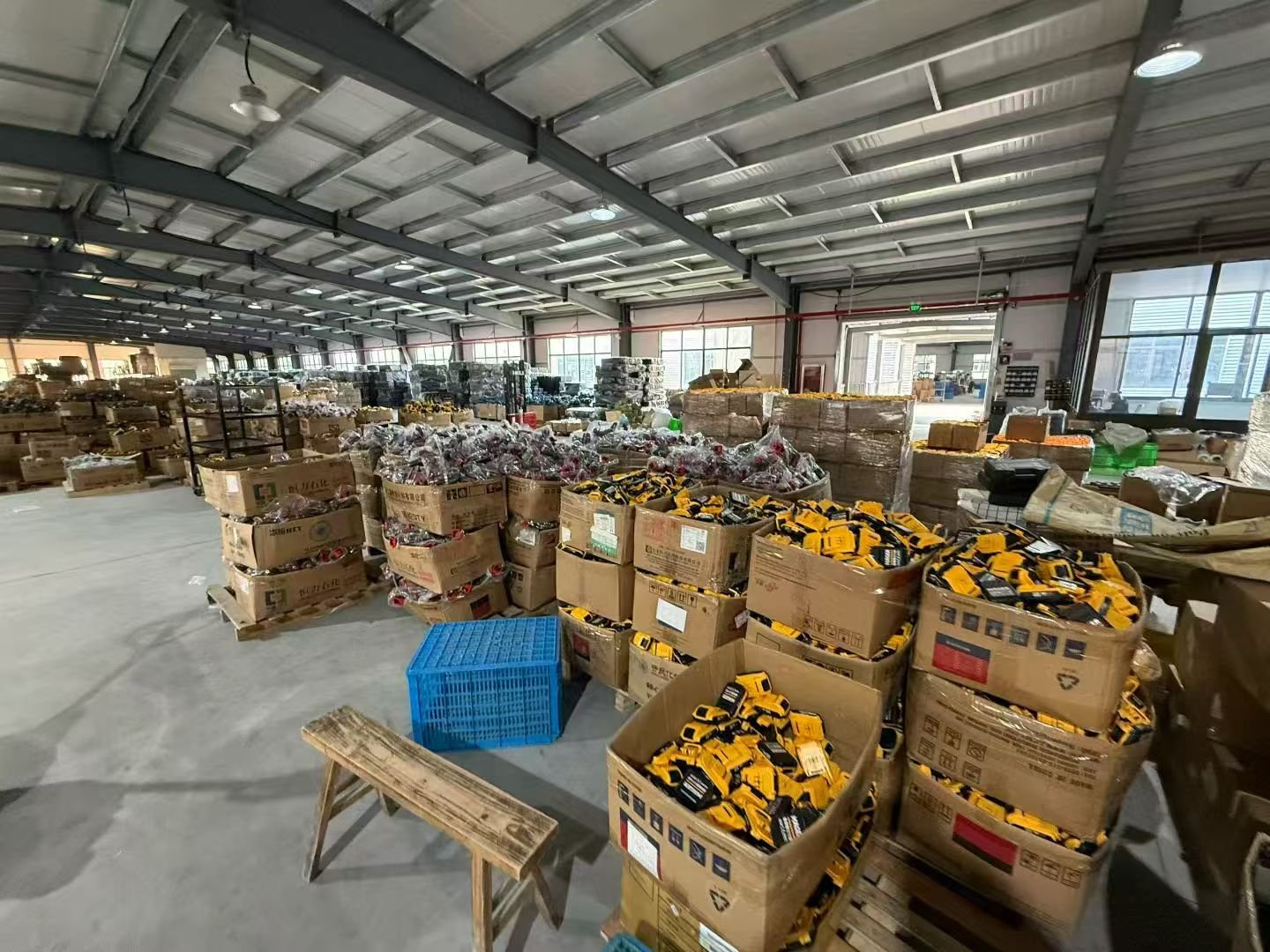 Cordless power tools staged for packing