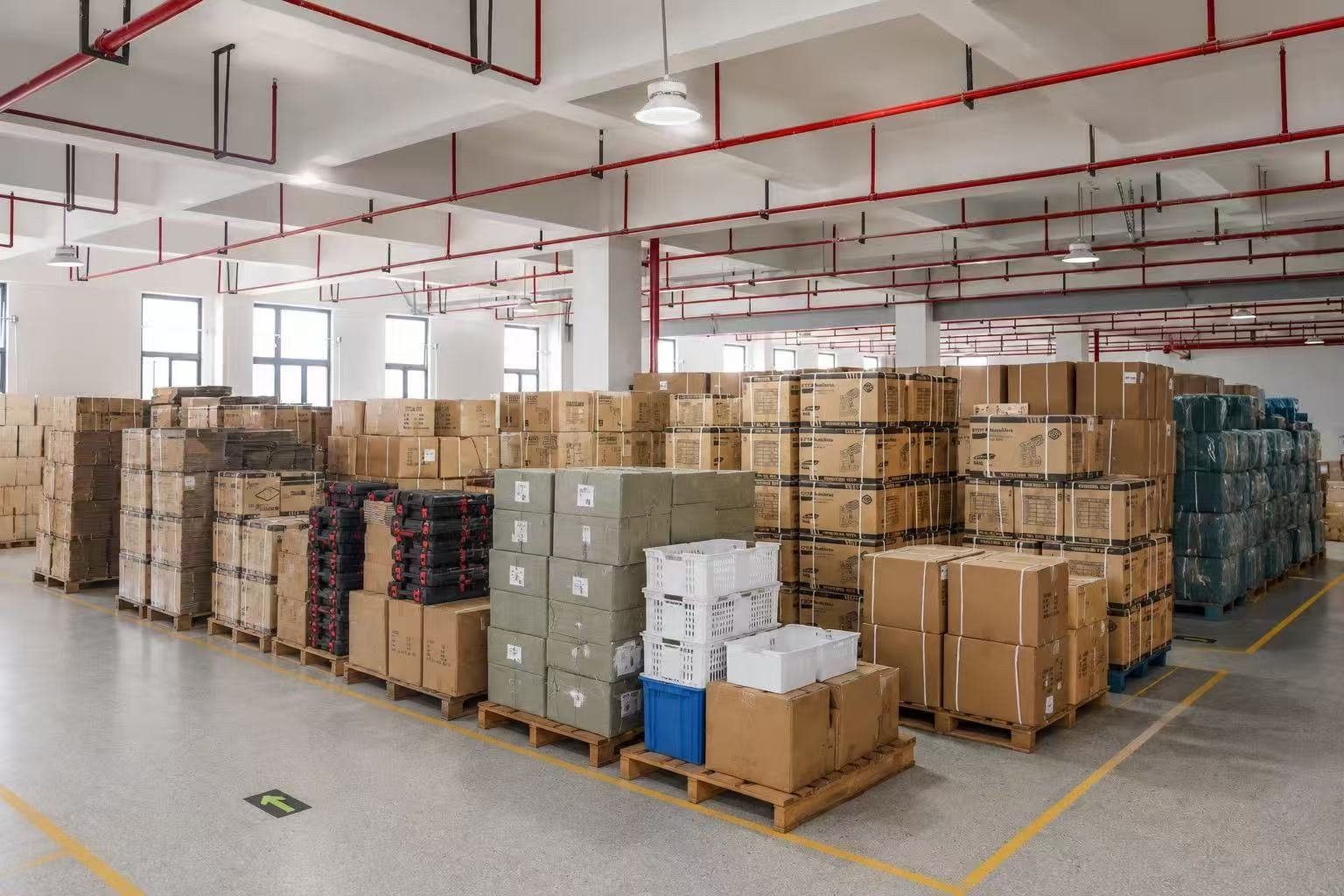 Packed power tools in warehouse